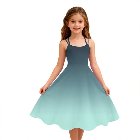Abcomgle Summer Dress for Girls 10-12 Casual A-Line Sleeveless Camisole Dresses Spaghetti Strap Pleated Gradient Swing Sundresses for 4-14t Kids,Sky Blue,13-14Years