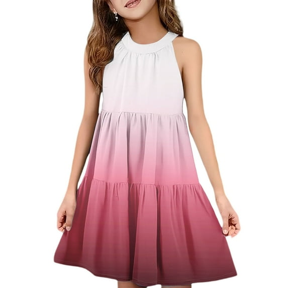 Abcomgle Summer Dress for Girls 10-12 Casual Halter Neck Sleeveless Midi Dress Gradient A-line Sundresses Swing Flare Dresses 11-12 Years,Watermelon Red