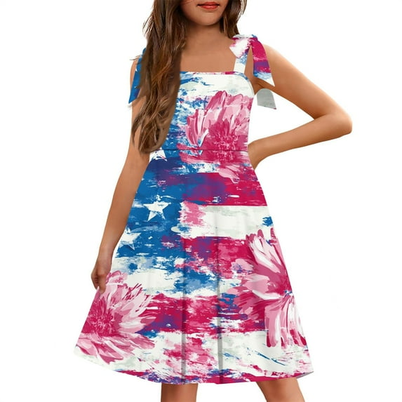 Abcomgle Summer Dress for Girls 10-12 Casual Tie Shoulder Sleeveless Cami Dress Tie Dye Red White Blue Square Neck Sundresses Basic Swing Skirt with Pockets 12-13 Years ,Hot Pink