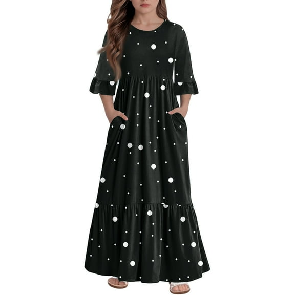 Abcomgle Summer Dress for Girls 14-16 Casual A-Line 3/4 Sleeve Maxi Dress Polka Dot Crew Neck Sundresses Tiered Basic Dresses with Pockets,7-8 Years Black
