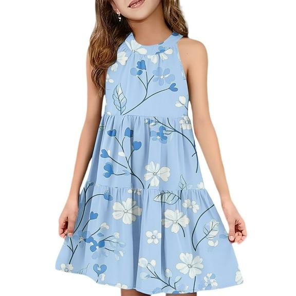 Abcomgle Summer Dress for Girls 14-16 Casual Halter Neck Sleeveless Girls Dresses Floral Print A-line Sundresses Flare Swing Dresses 7-8 Years,Light Blue