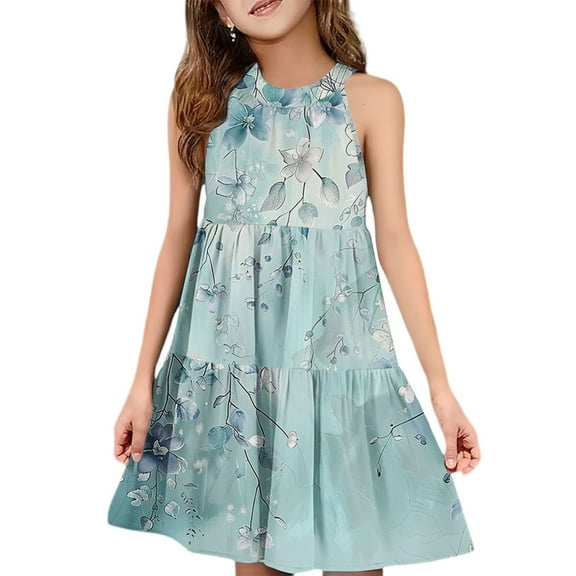 Abcomgle Summer Dress for Girls 14-16 Casual Halter Neck Sleeveless Midi Dress Floral Print A-line Sundresses Swing Flare Dresses 13-14 Years,Dark Blue