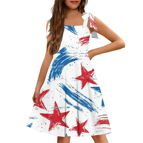 Abcomgle Summer Dress for Girls 14-16 Casual Tie Shoulder Sleeveless Cami Dress American Flag Stars Square Neck Sundresses Swing Loose Dresses with Pockets 8-9 Years ,White
