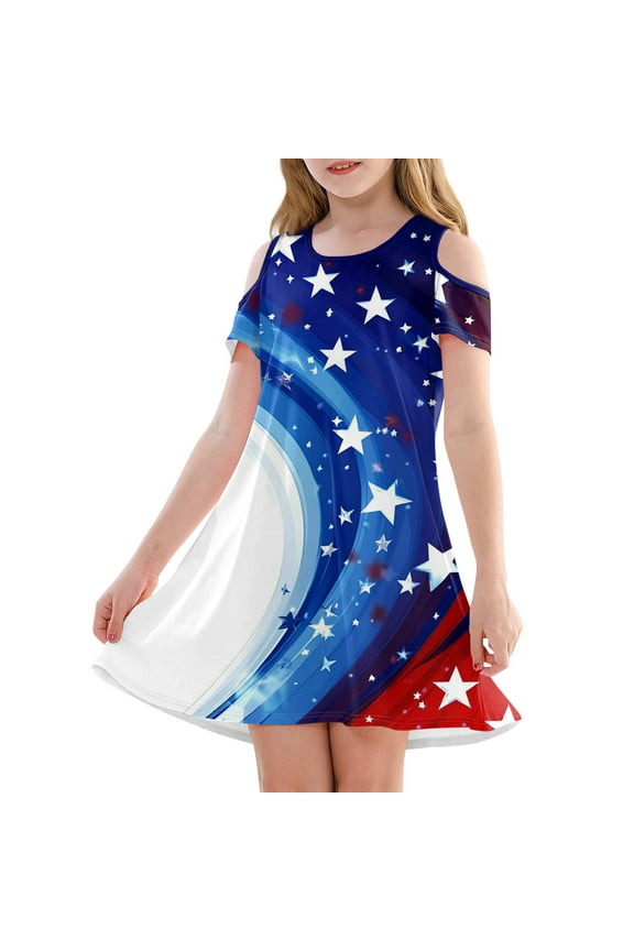 Summer Dress for Girls 14-16 Red White and Blue Graphic 4th Of July Dresses Casual A-Line Cold Shoulder Midi Dress Cute Holiday 4th Of July Sundresses 4-5 Years