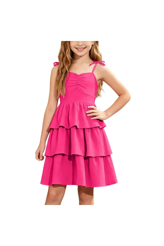 Summer Dress for Girls 14 Tie Shoulder Adjustable Spaghetti Strap Midi Dresses Ruched Smocked Back Layered Girls Sundresses Casual A-Line Flowy Summer Boho Girls Dress