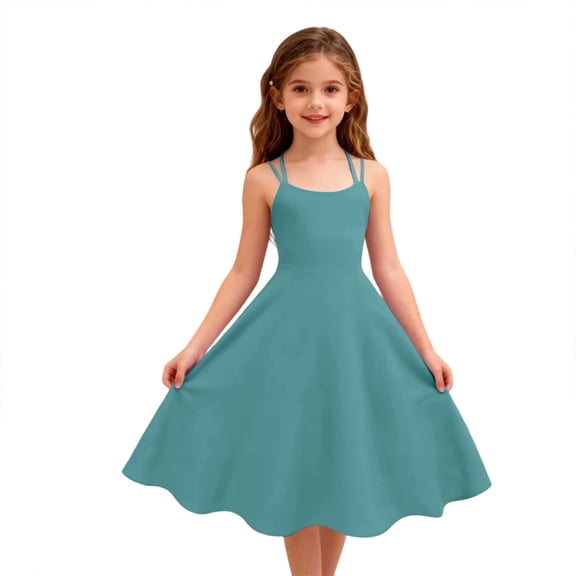 Abcomgle Summer Dress for Girls 7-8 Casual A-Line Sleeveless Midi Dress Spaghetti Strap Summer Solid Swing Sundresses for 4-14t Kids,Turquoise,11-12Years