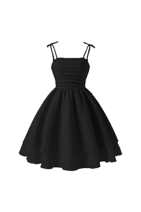 Summer Dress for Girls 7-8 Ruched Smocked Back Layered Midi Dresses Adjustable Spaghetti Strap Tie Shoulder Cami Dress Girls Summer Casual a Line Swing Beach Sundress 7-8 Years,Black