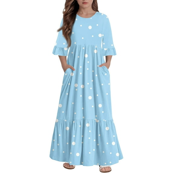 Abcomgle Summer Dress for Girls Casual A-Line 3/4 Sleeve Maxi Dress Polka Dot Crew Neck Sundresses Beach Tiered Dresses with Pockets,13-14 Years Light Blue