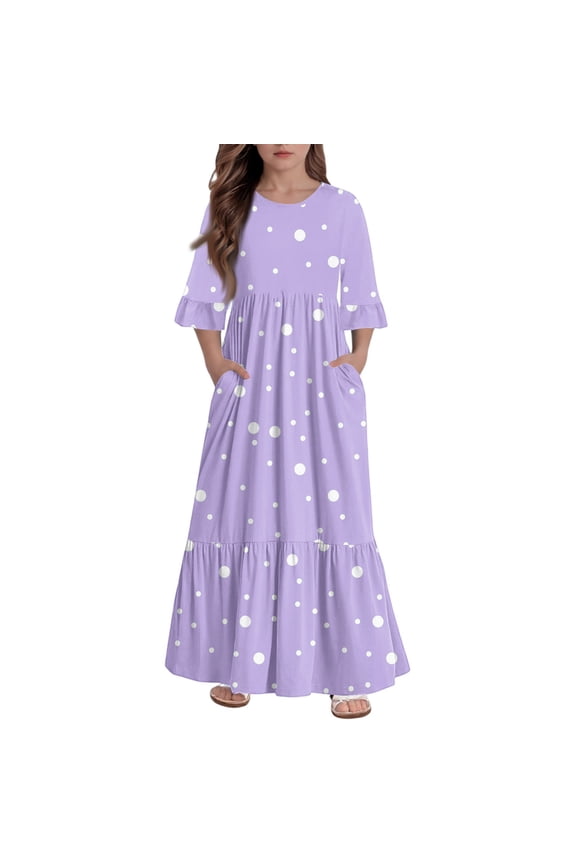 Summer Dress for Girls Casual A-Line 3/4 Sleeve Maxi Dress Polka Dot Crew Neck Sundresses Tiered Dresses with Pockets,9-10 Years Light Purple