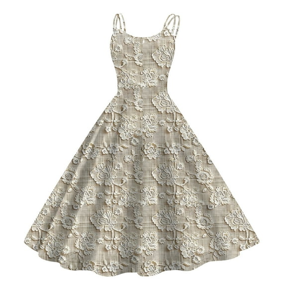 Abcomgle Summer Dress for Girls Casual A-Line Sleeveless Midi Dress Spaghetti Strap Holiday Vintage Floral Print Swing Skirt for 4-14t Kids,Khaki,11-12Years