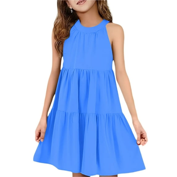 Abcomgle Summer Dress for Girls 10-12 Casual Halter Neck Sleeveless Girls Dresses Solid Color A-line Sundresses Swing Beach Dresses 13-14 Years,Blue