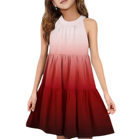 Abcomgle Summer Dress for Girls 14-16 Casual Halter Neck Sleeveless Midi Dress Gradient A-line Sundresses Swing Dresses 7-8 Years,Wine