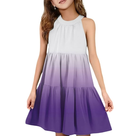 Abcomgle Summer Dress for Girls 14-16 Casual Halter Neck Sleeveless Midi Dress Gradient A-line Sundresses Swing Skirt 7-8 Years,Purple