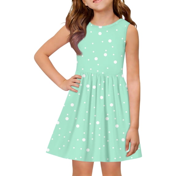 Abcomgle Summer Dress for Girls 7-8 Casual A-Line Sleeveless Girls Tank Dresses Polka Dot Crew Neck Sundresses Swing Dresses,Light Green,2-3Years