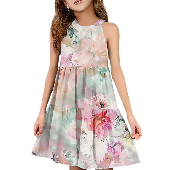 Abcomgle Summer Dress for Girls 7-8 Casual Halter Neck Sleeveless Midi Dress Floral Print A-line Sundresses Holiday Swing Skirt 7-8 Years,Pink