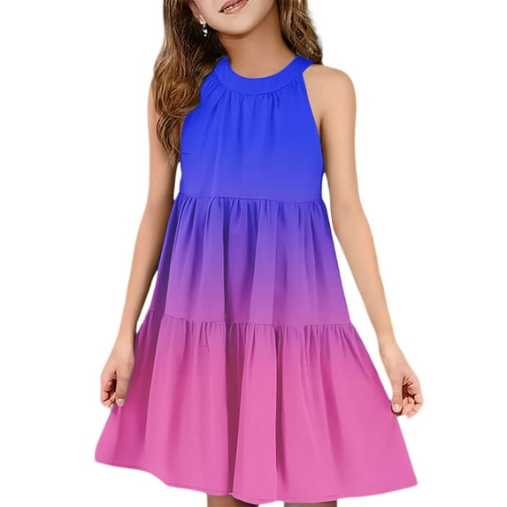 Abcomgle Summer Dress for Girls 7-8 Casual Halter Neck Sleeveless Midi Dress Gradient A-line Sundresses Summer Swing Dresses 3-4 Years,Purple Pink