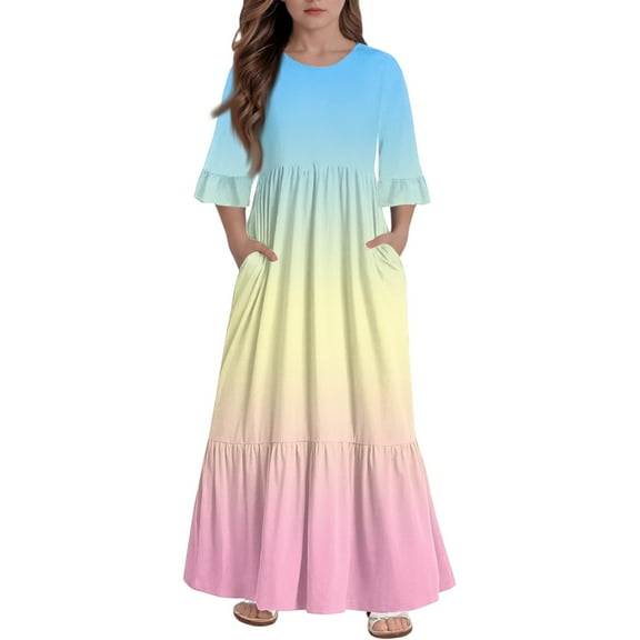 Abcomgle Summer Dress for Girls Casual A-Line 3/4 Sleeve Maxi Dress Gradient Crew Neck Sundresses Tiered Flowy Dresses with Pockets,4-5 Years Beige