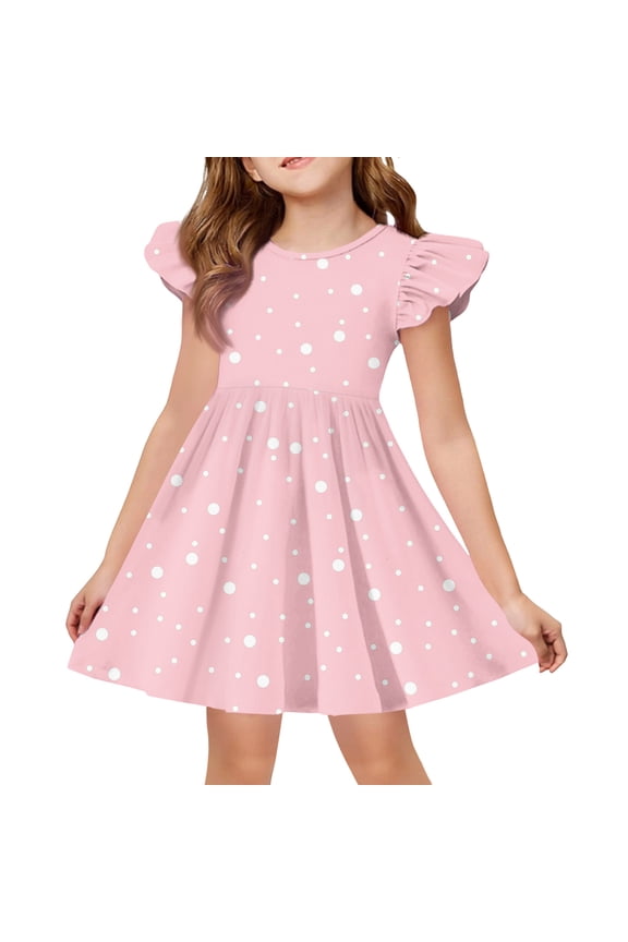 Summer Dress for Girls Casual A-Line Flutter Sleeve Tshirt Dresses Polka Dot Beach Crew Neck Swing Sundresses for 4-14t Kids,Pink