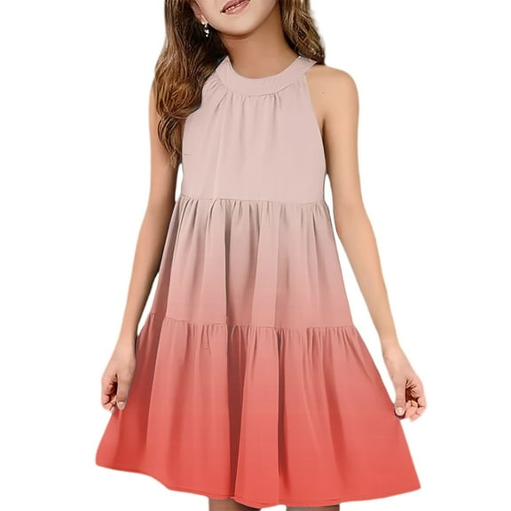 Abcomgle Summer Dress for Girls Casual Halter Neck Sleeveless Girls Dresses Gradient A-line Sundresses Beach Swing Dresses 7-8 Years,Orange