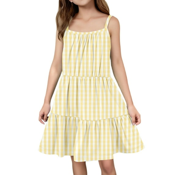 Abcomgle Summer Dress for Girls Casual Spaghetti Strap Sleeveless Cami Dress Plaid A-Line Sundresses Loose Tiered Dresses for 6-14 Years,Yellow