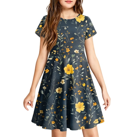 Abcomgle Summer Dresses for Girls 10-12 Casual A-Line Short Sleeve Midi Dress Floral Print Flare Crew Neck Swing Sundresses with Pockets for 4-14t Kids