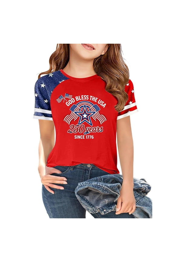 T Shirts for Girls Kids Raglan Short Sleeve Patriotic T Shirt 4th Of July T Shirt Crew Neck 250 Years America Star Print Shirts Independent Day T-Shirt