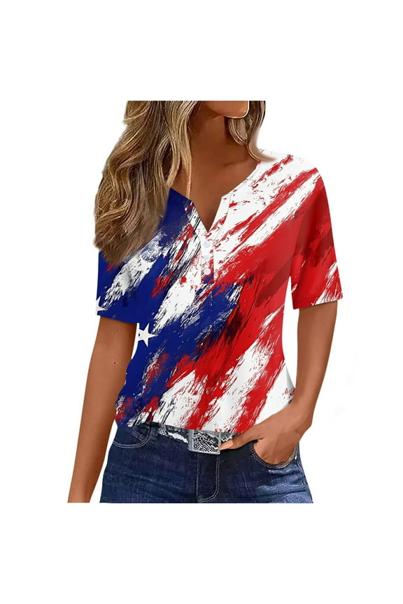 T Shirts for Women 4th Of July Patriotic T Shirt Short Sleeve Henley V-Neck Tshirt American Flag Graphic Independent Day Shirts,Vermilion 2XL