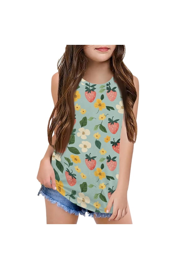 Tank Tops for Girls Summer Crewneck Sleeveless Tunic Tank Tops for Girls Strawberry Cute Athletic Shirts for Girls