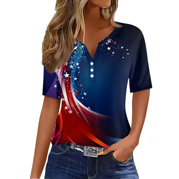 Abcomgle Teacher Shirts Short Sleeve Patriotic Tops 4th Of July T-Shirt Henley V-Neck American Flag Graphic Tshirt Independent Day Shirts,Blue M