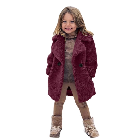 Abcomgle Baby Girls Faux Fur Jacket Long Teddy Fleece Fuzzy Toddler Coats for Girls Winter Warm Outerwear Jackets Girls Cute with Pockets,2-3 Years,Wine