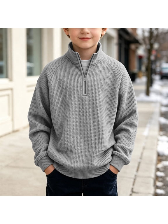 Toddler Boy Quarter Zip Sweater Waffle Knit Raglan Long Sleeve Boys Sweatshirts Fashion Stand Collar Pullovers for Boys Loose Fit Boys Fall Shirts