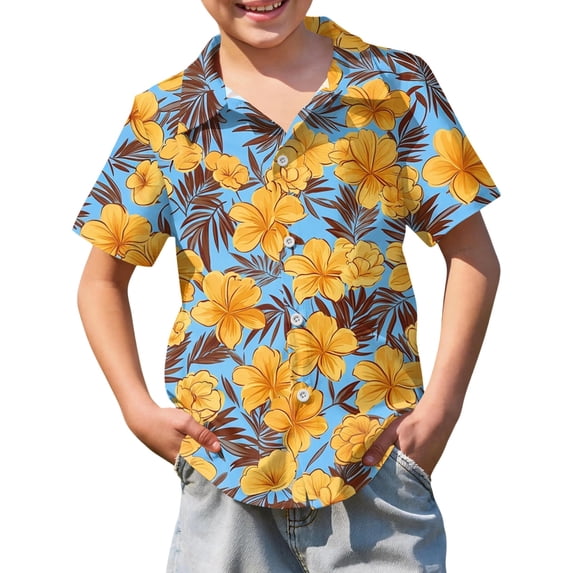 Abcomgle Toddler Button Down Shirt for Boys Button Down Short Sleeve Tropical Shirts for Boys Tropical Floral Print Cruise Hawaiian Clothes for Boys,Saffron,9-10Years