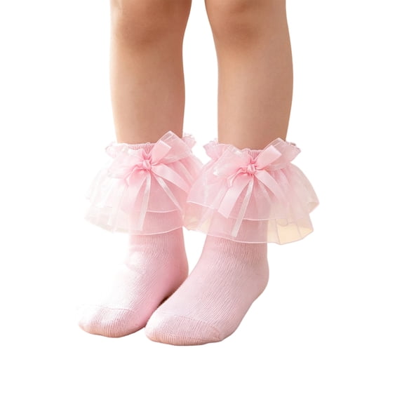 Abcomgle Toddler Girl Socks with Big Ruffle Lace Frilly Turn Cuff Dress Socks | Uniform Back To School Wedding Wear Size 18M - 9 Years Pink
