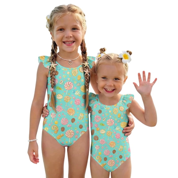 Abcomgle Toddler Girl Swimsuit 4t Candy Graphic One Piece Swimsuit for Girls Ruffled Stretchy Swimwear for Girls