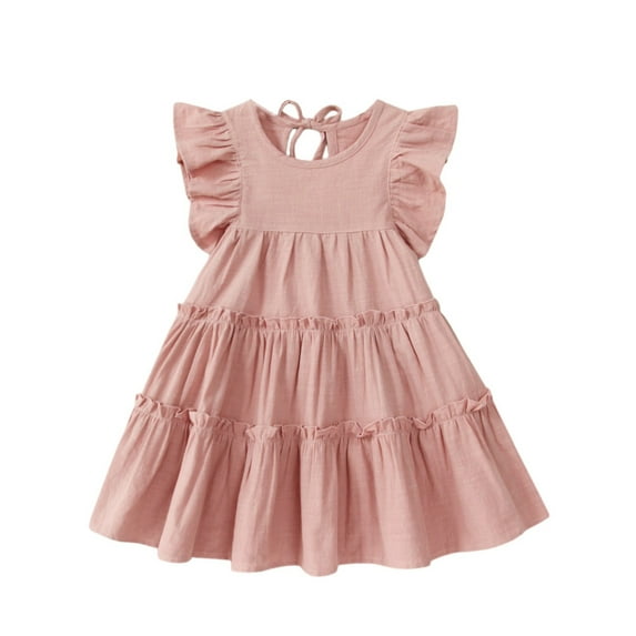 Abcomgle Toddler Girls Dresses 2t-3t Casual Ruffle Sleeve Tiered Princess Dress Cute Crew Neck Swing Pleated Sundresses for 1-6t Kids 3-4 Years,Light pink