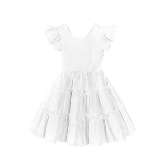 Abcomgle Toddler Girls Dresses 3t clearance Kids Casual Ruffle Sleeve Tiered Princess Dress Cute Pleated Crew Neck Swing Sundresses for 1-6t Kids 1-2 Years,White