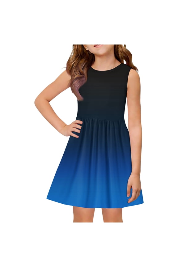 Toddler Girls Dresses Casual A-Line Sleeveless Midi Dress Gradient Holiday Crew Neck Swing Skirt for 4-14t Kids,Dark Blue,2-3Years