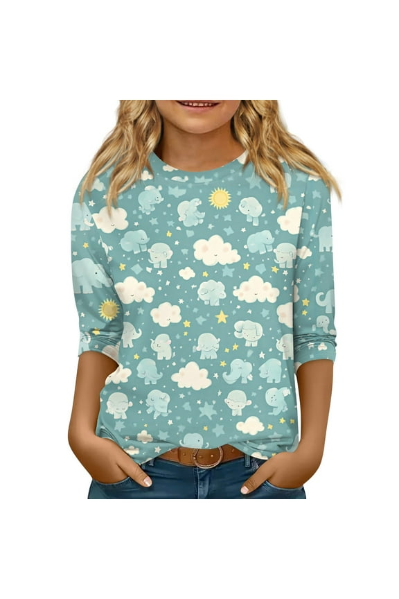Girls Tshirts 6-7 Years Old Summer 3/4 Sleeve Tshirts Toddler Elephant Graphic Girls Shirts Dressy Crewneck Cotton Loose Tee Tops Girls 10-12 Years,Blue