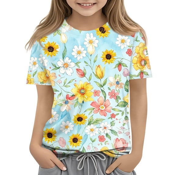 Abcomgle Tshirts for Kids Girls Crewneck Sunflower Watercolor Blooms Toddler T-Shirt Short Sleeve Toddler Girls T-Shirts Summer Trendy Cotton Toddler Tops Girls