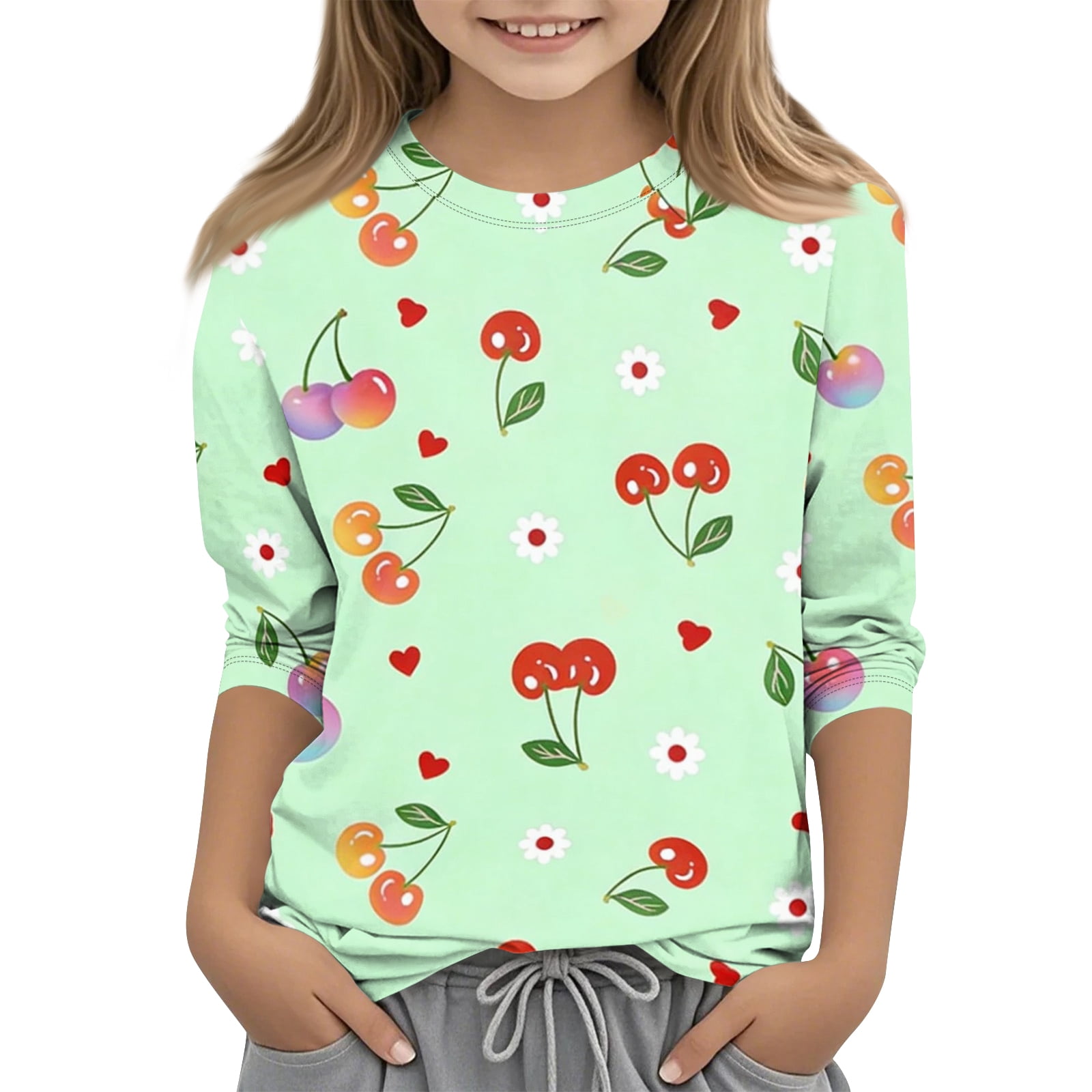 Abcomgle Tshirts for Kids Girls Crewneck Daisy Flower Cherry Print ...