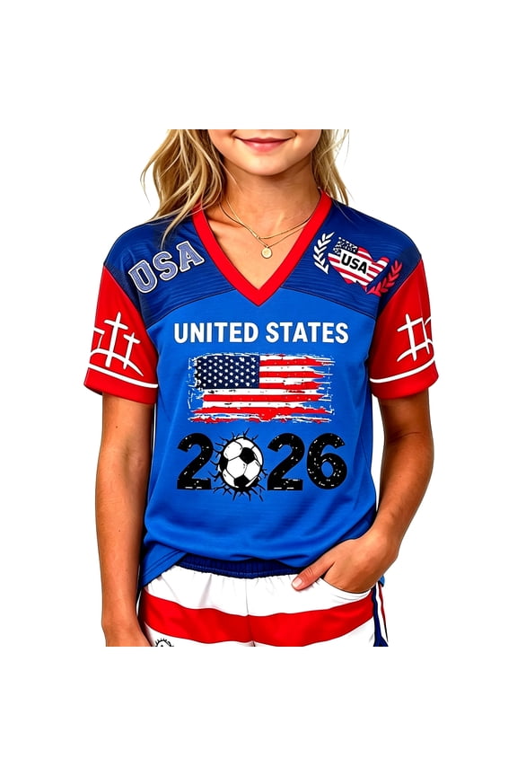 USA Soccer Jersey for Girls World Soccer Fans Jerseys Soccer Cup 2026 USA Jersey Short Sleeve V Neck Shirts Sport Tops Summer,10-11Years