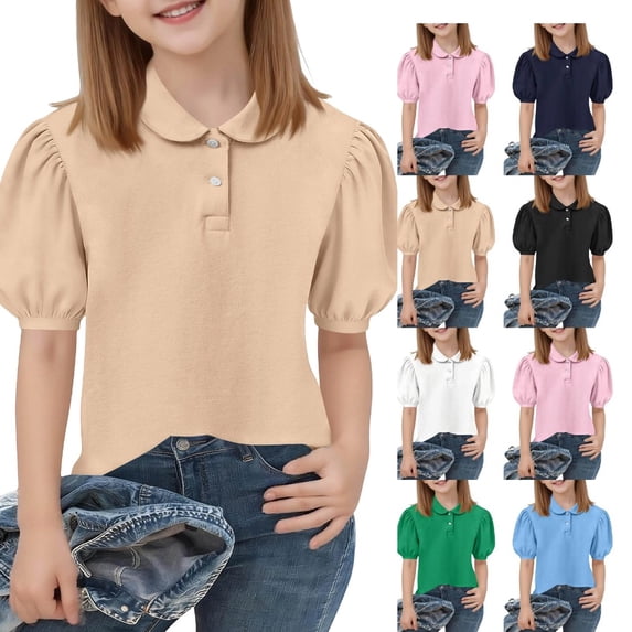 Abcomgle Uniform Polo Shirt Girls 10-12 Short Sleeve Peter Pan Collar Polo Shirts for Girls Puff Sleeve Button Closure Solid Color School Uniform Shirts Summer Tshirts for Kids Girls