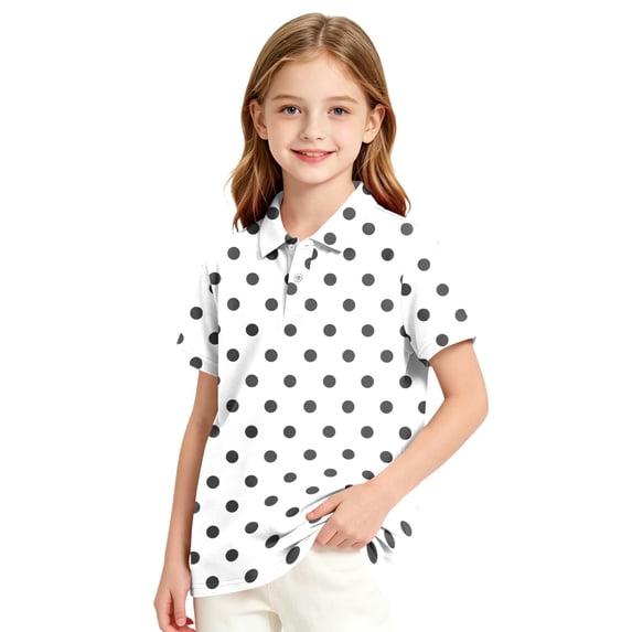 Abcomgle Uniform Shirts for Boys Polo Short Sleeve Pique Polo Shirt Button Down Polka Dot School Uniform Shirts Breathable Collared Golf Shirts for Kid