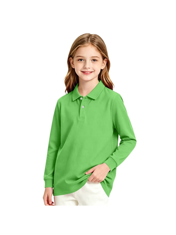 Uniform Shirts for Girls 10-12 Long Sleeve Pique Polo Shirt with Collar Button Up Girls Uniform Shirts Moisture-Wicking Classic Girls Blouse