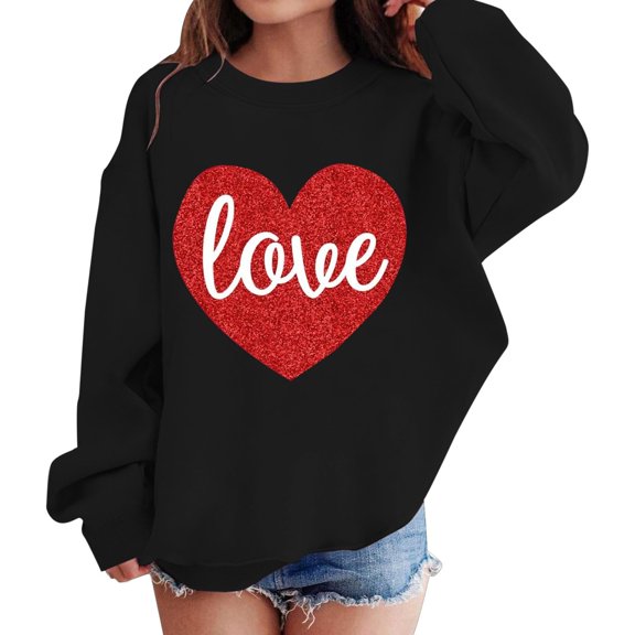 Abcomgle Valentines Day Sweatshirt Girls 10-12 Cute Glitter Love Heart Girls Pullover Top Crewneck Long Sleeve Sweaters for Girls 10-12 Comfort Spring Back To School Outfits for Teen Girls