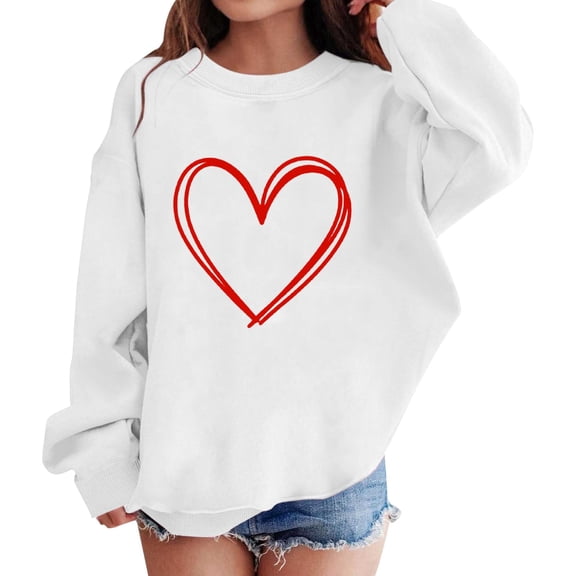 Abcomgle Valentines Day Sweatshirt Girls 10-12 Cute Love Heart Girls Pullover Top Crewneck Long Sleeve Sweaters for Teen Girls Oversized Spring School Clothes for Teen Girls,White,13-14Years
