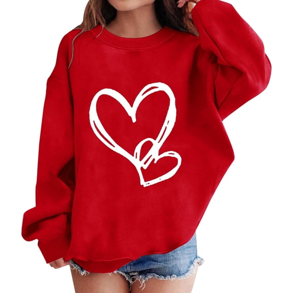 Abcomgle Valentines Day Sweatshirt Girls 7-8 Cute Love Heart Girls Pullover Sweatshirt Crewneck Long Sleeve Kids Sweaters Girls Preppy Holiday Back To School Outfits for Teen Girls,Red,9-10Years