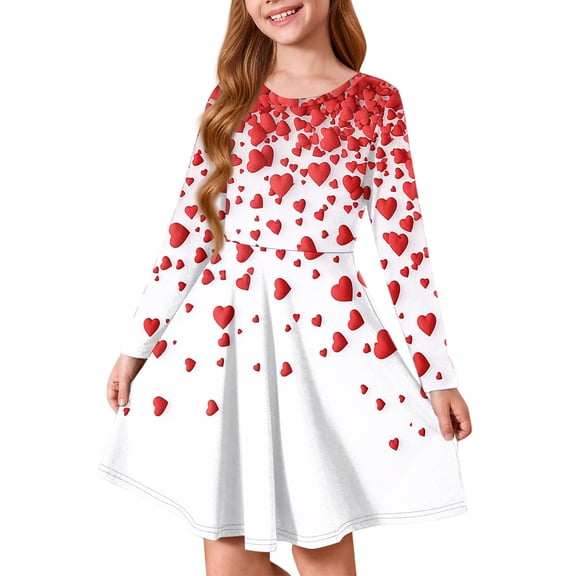 Abcomgle Valentines Dress for Kids Girls Cute A-Line Long Sleeve Midi Dress for Girls Cute Love Heart Dress Outfits Crewneck Casual Twirly Dresses for Girls,