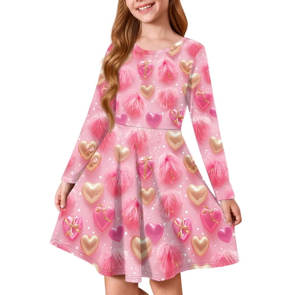 Abcomgle Valentines Dress for Kids Girls Cute A-Line Long Sleeve Midi Dress for Girls Funny Love Heart Dress Outfits Crewneck Holiday Twirly Dress Clothes for Girls,
