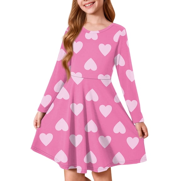 Abcomgle Valentines Dress for Kids Girls Cute A-Line Long Sleeve T Shirt Dresses for Girls Funny Love Heart Dress Outfits Crewneck Spring Twirly Dress Clothes for Girls,